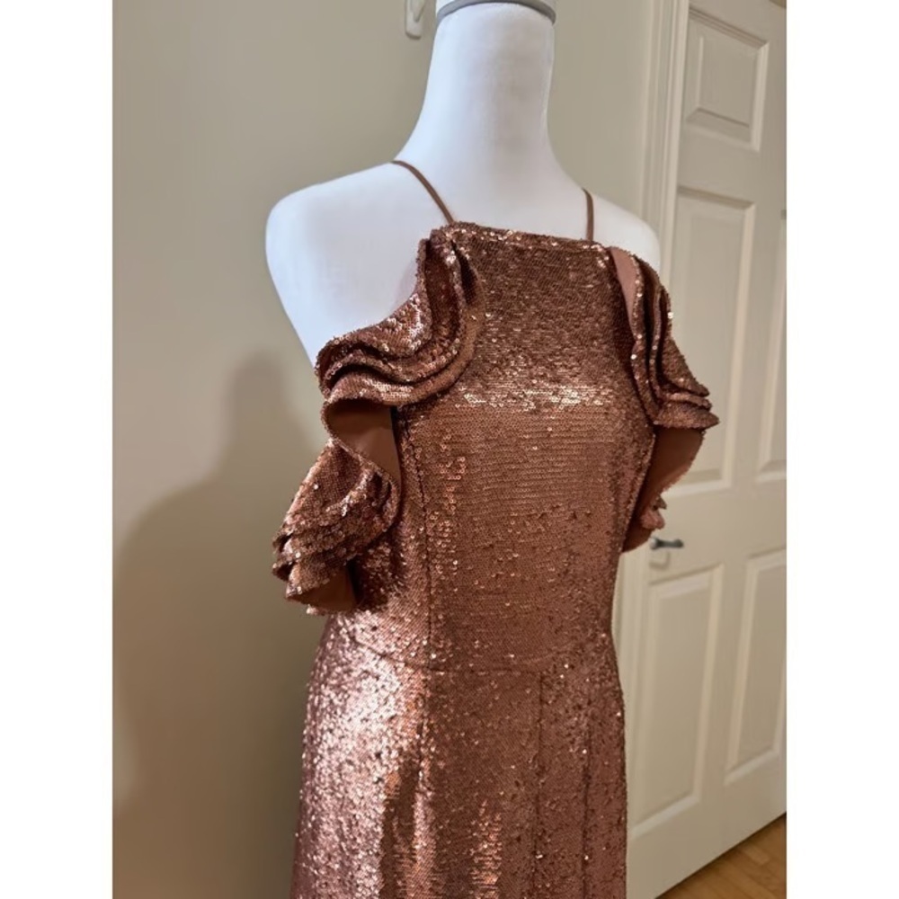 NWT C/MEO Collective Illuminated Sequin Ruffle Midi Dress | Copper Rose Gold | S - Picture 8 of 12